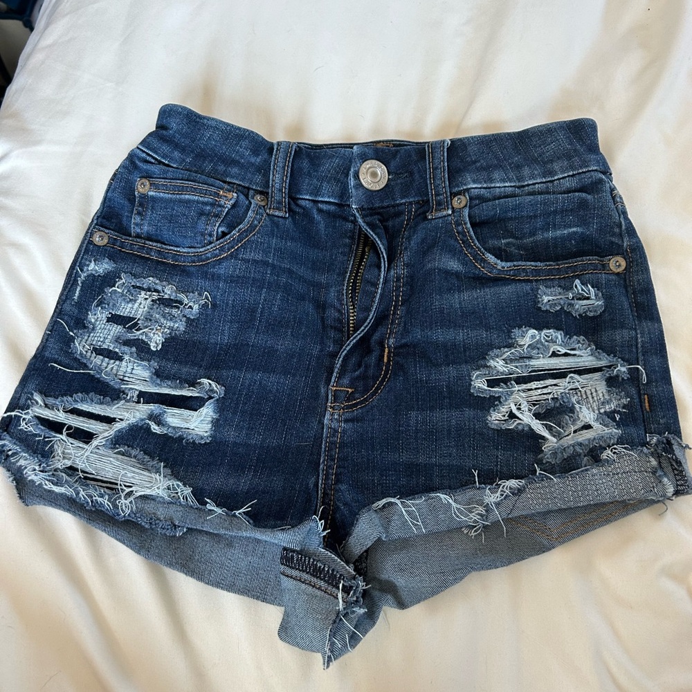 American Eagle Outfitters Dark Blue Distressed Rolled Hem Jean Shorts